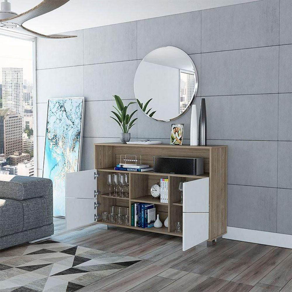 Mesa Auxiliar Recibidor Aureli, Miel Y Blanco, Con Cuatro Puertas Y Patas De Acero img #2