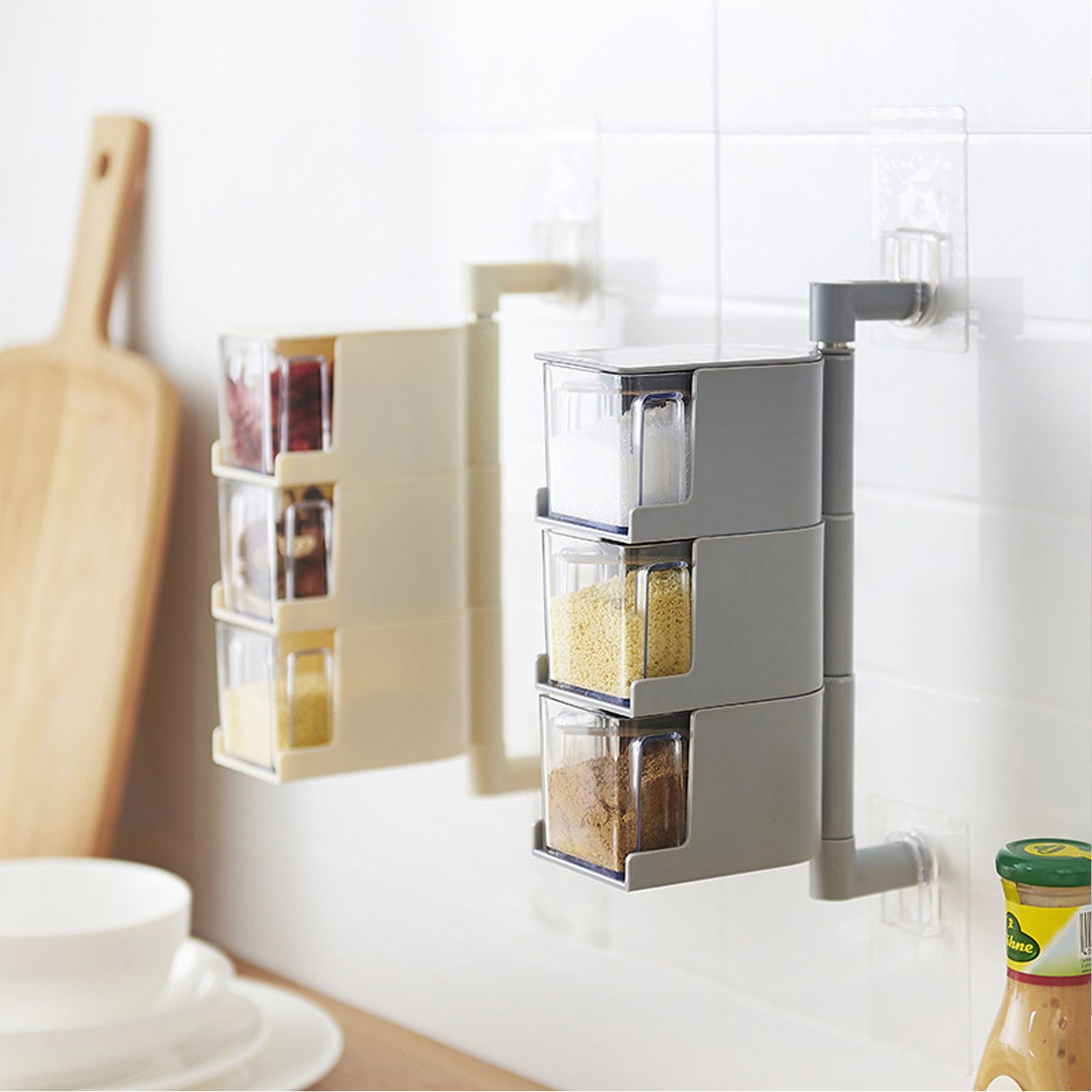 Recipiente triple para condimentos TD Frasco para especias de 3 niveles Recipiente para utensilios de cocina Caja Recipiente transparente Sal Pimienta img #3