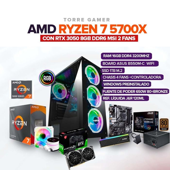 TORRE GAMER RYZEN 7 5700X /16GB RAM /RTX 3050 8GB /1TB SSD /BOARD B550M WIFI img #1