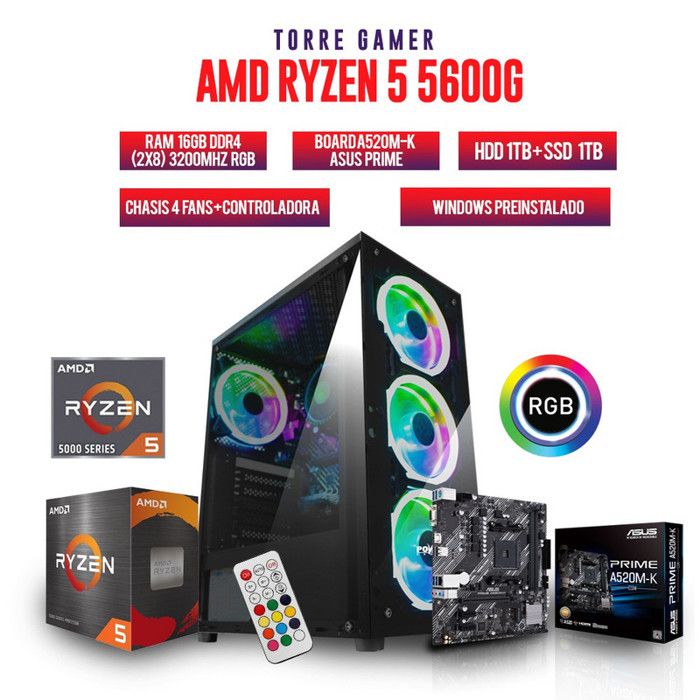 TORRE GAMER RYZEN 5 5600G/16GB RAM/1TB HDD + 1TB SSD /BOARD ASUS A520 M img #1