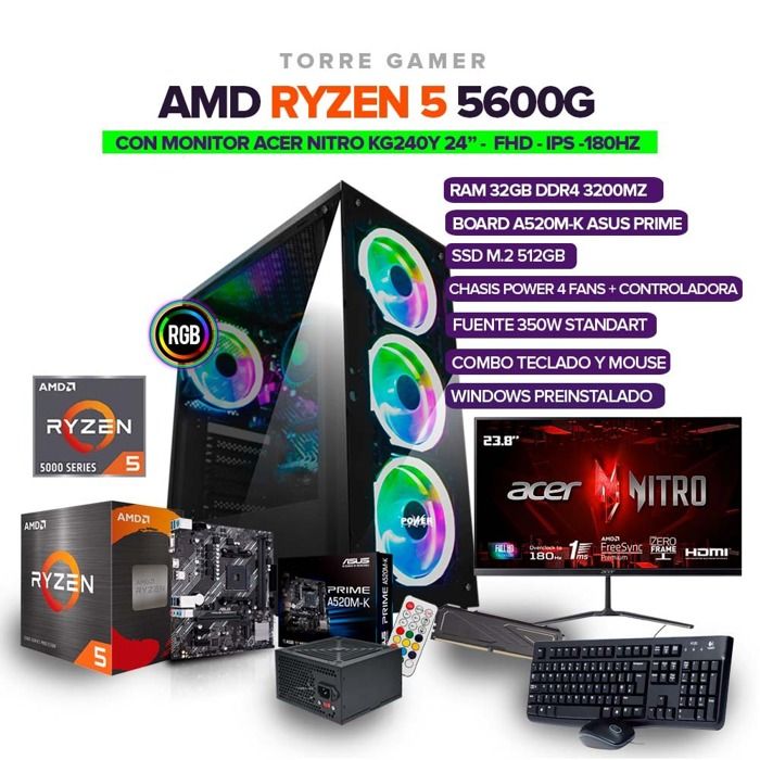 PC GAMER Ryzen 5 5600G/ RAM 32GB/ M.2 512GB + MONITOR ACER NITRO 24 pulgadas IPS 180Hz img #1