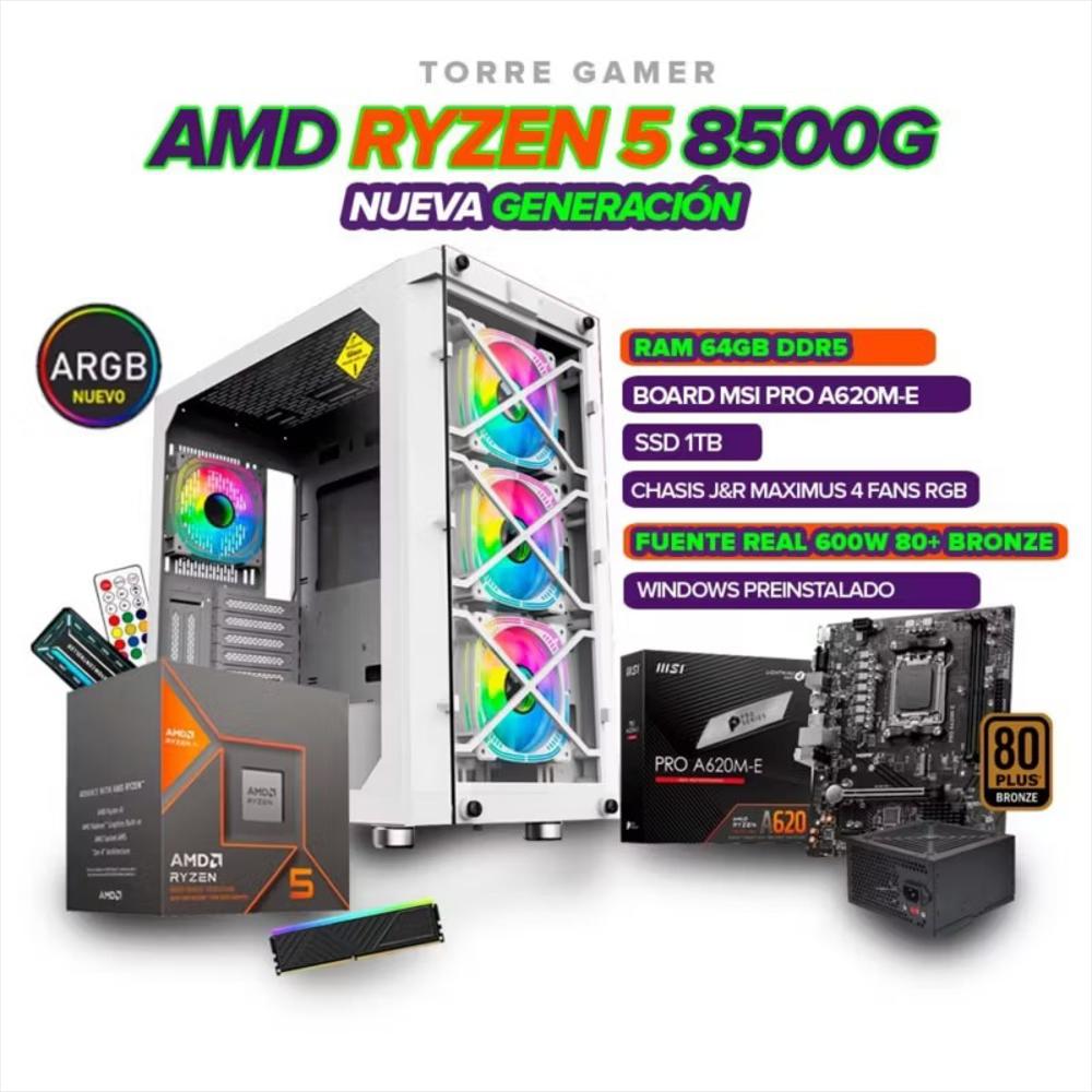 Torre Gamer Ryzen 5 8500G/ 64Gb Ram 1Tb Ssd/ A620 /Chasis 4 Fans /600W 80+Bronce img #1