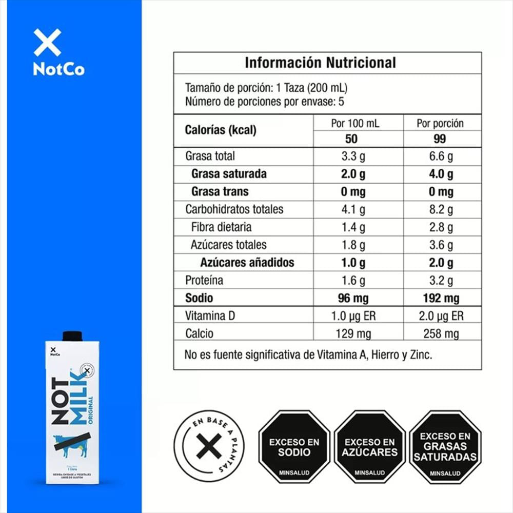 Notmilk Original Bebida 100% Vegetal X4 Und 1L img #3