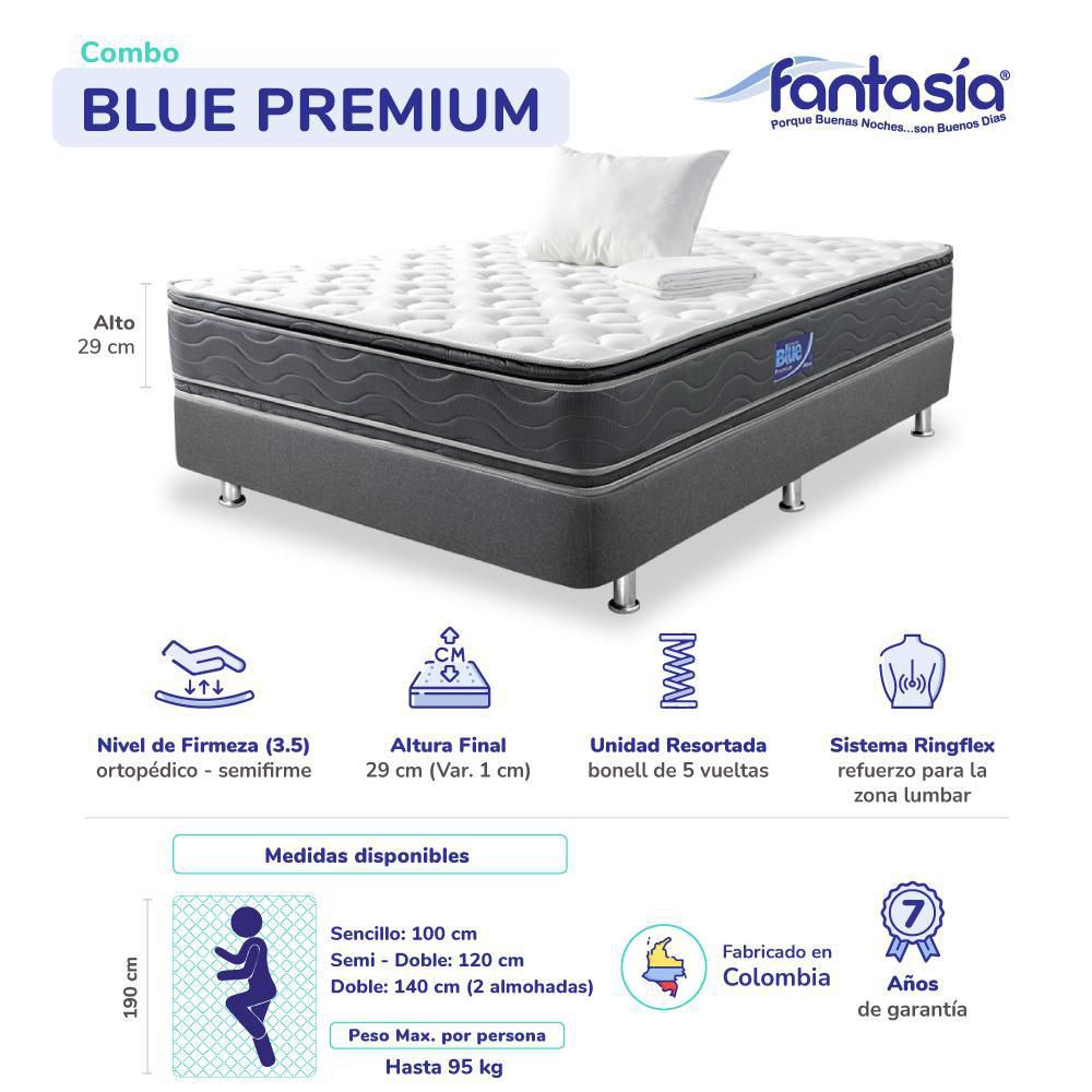 Colchón Combo FANTASIA Semidoble (120 x 190 cm) BLUE PREMIUM Resortado Semifirme Base+Almoh+Protect img #5