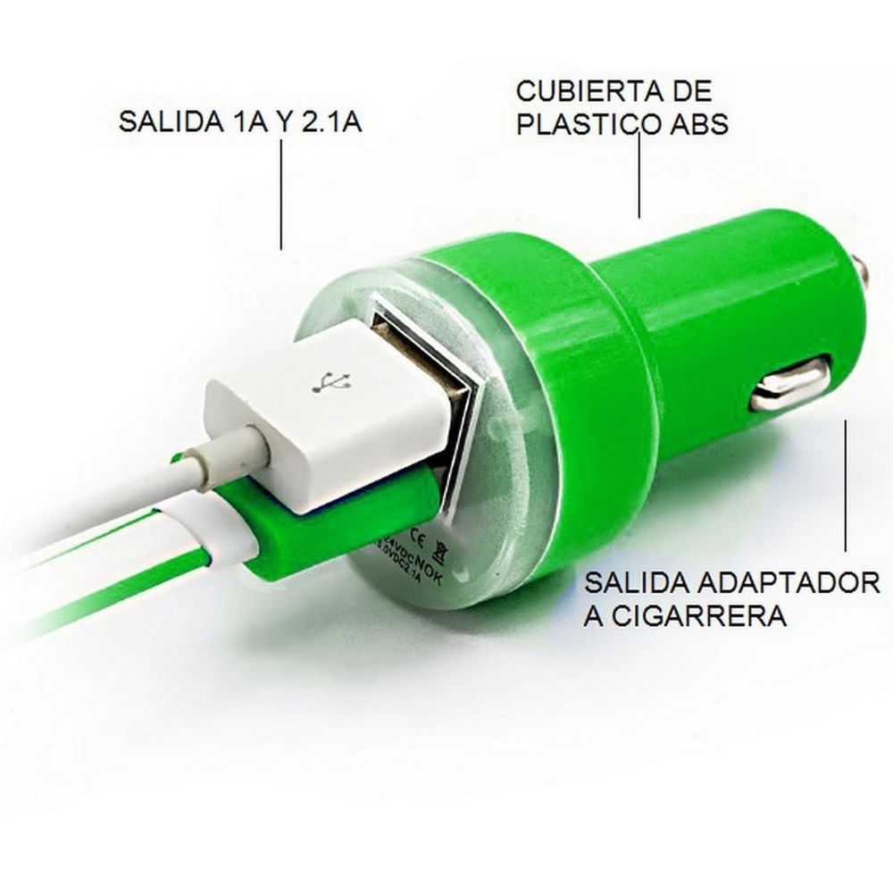 Cargador Universal Carro X2 Dos Puerto Usb 2A Verde img #2