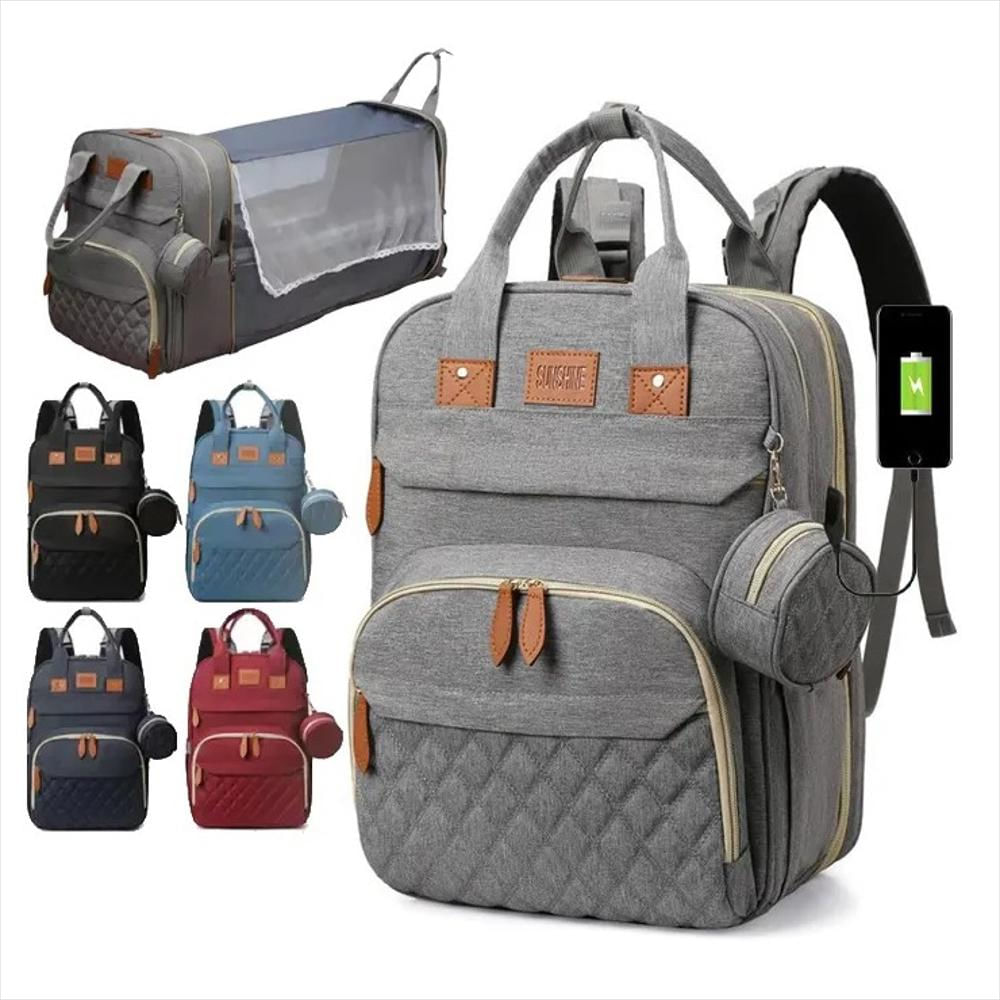 Pañalera Bebé Azul Con Cama Cuna Portatil Cambiador Puerto Usb img #2