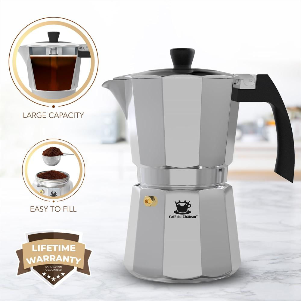Cafetera Clásica Cafe Du Chateau 6 Tazas En Aluminio Tapa Superior Transparente Mango De Fácil Agarre Cesta Y Filtro img #2