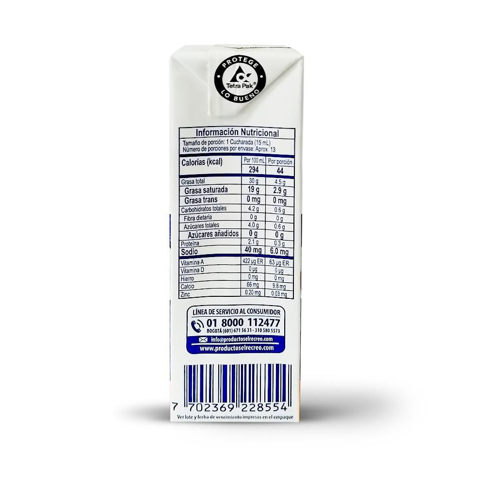 Crema RECREO Leche Semientera larga vida (200  ml) img #2