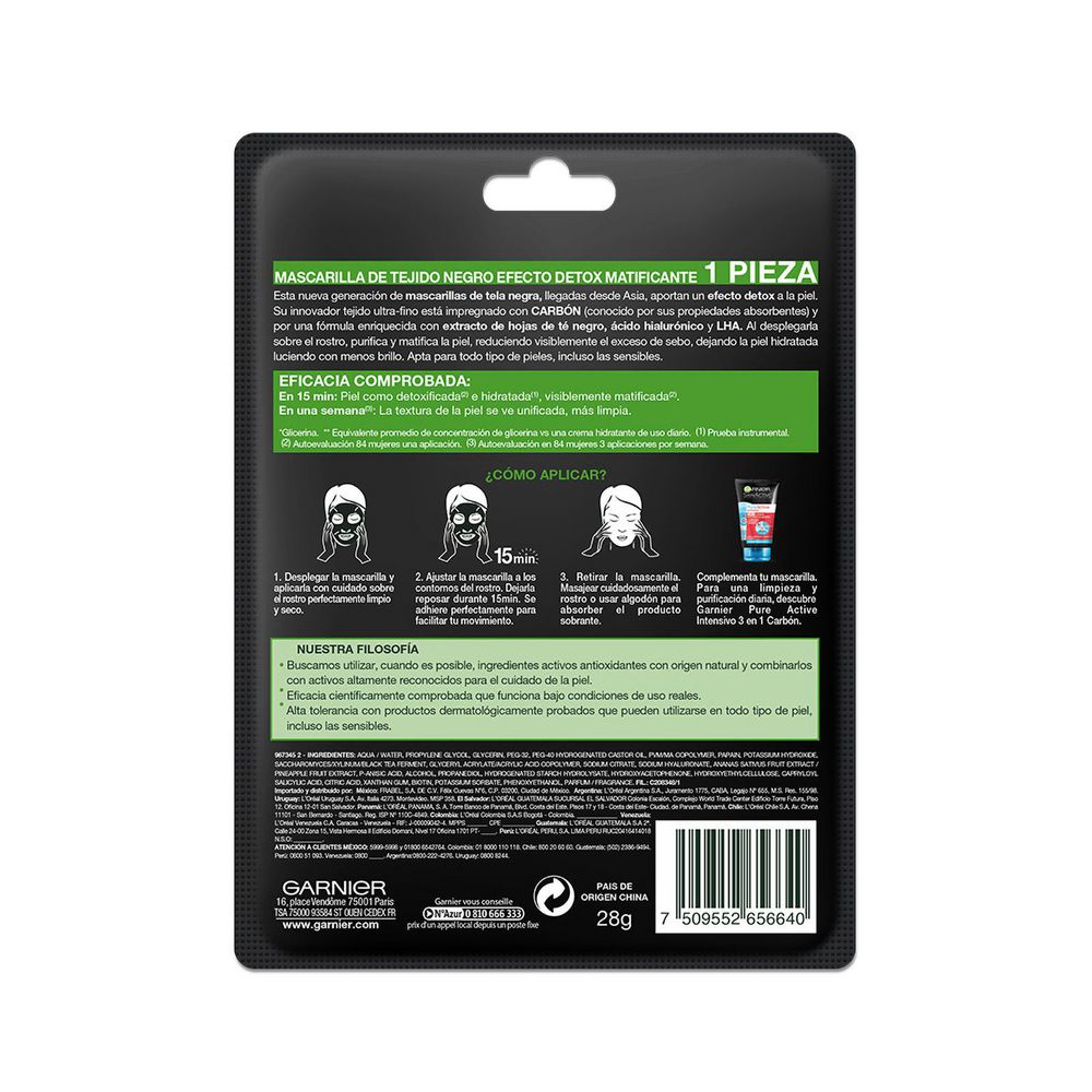 Mascarilla facial GARNIER SKIN ACTIVE En tela detox carbón (36  gr) img #5
