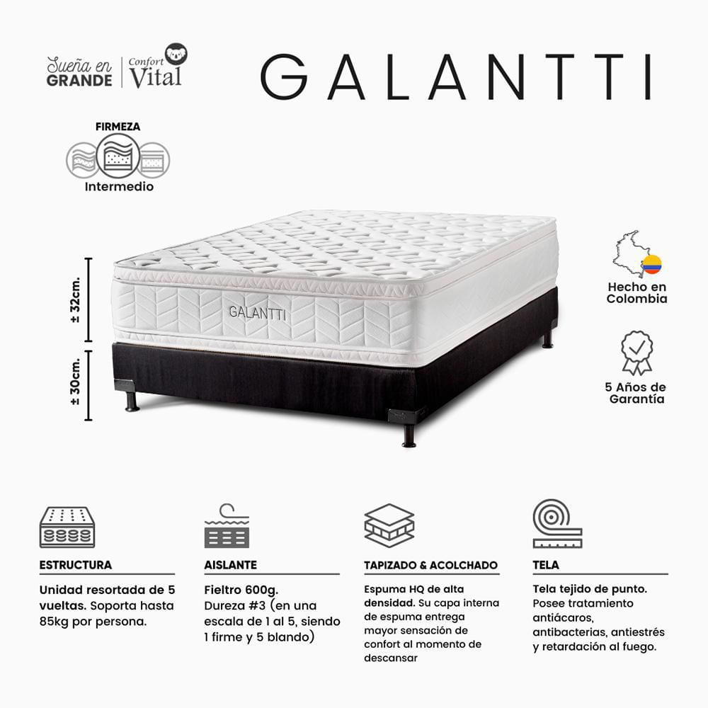 Colchón Combo Confort Vital Doble (140 x 190 cm) GALANTTI Resortado Semisuave Base+Cabec+Prot+Almoh img #6