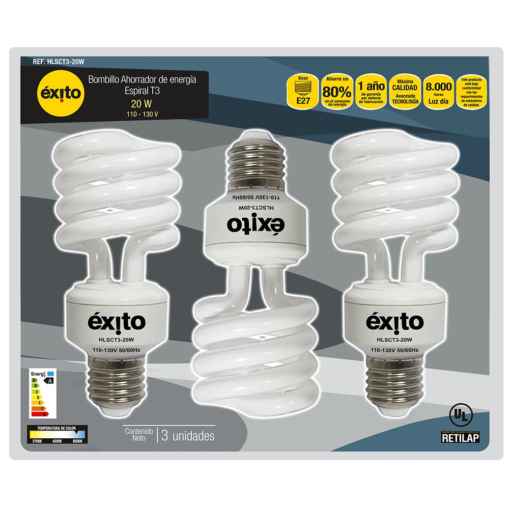 BOMBILLO ESPIRAL T3 20W X3 UND EXITO MARCA PROPIA HLSCT3 img #1