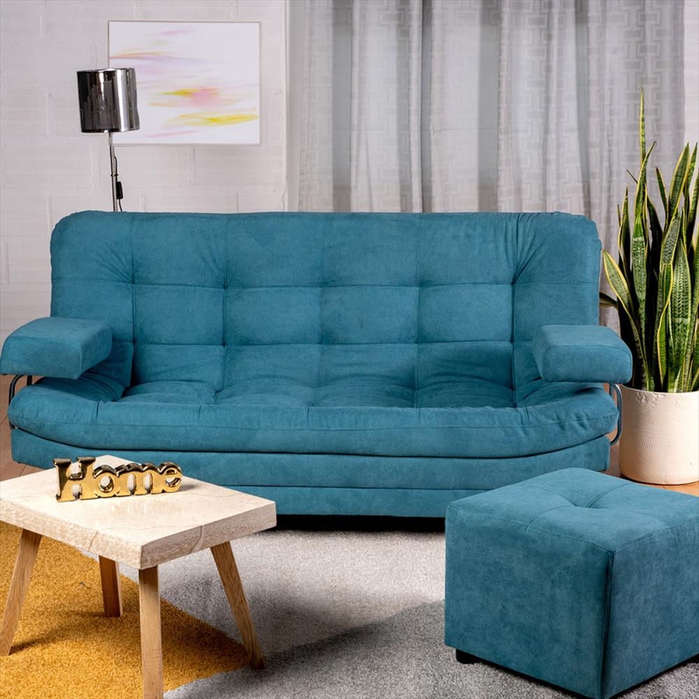 Sofa Cama Valencia Azul Acqua 3 Puestos + Puff img #2