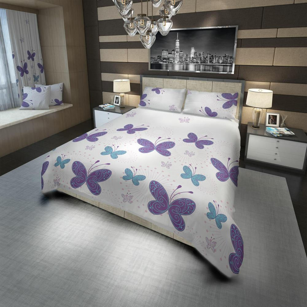 Juego De Sabanas Microfibra Doble 140 Cm Blanco Con Mariposas Moradas img #1