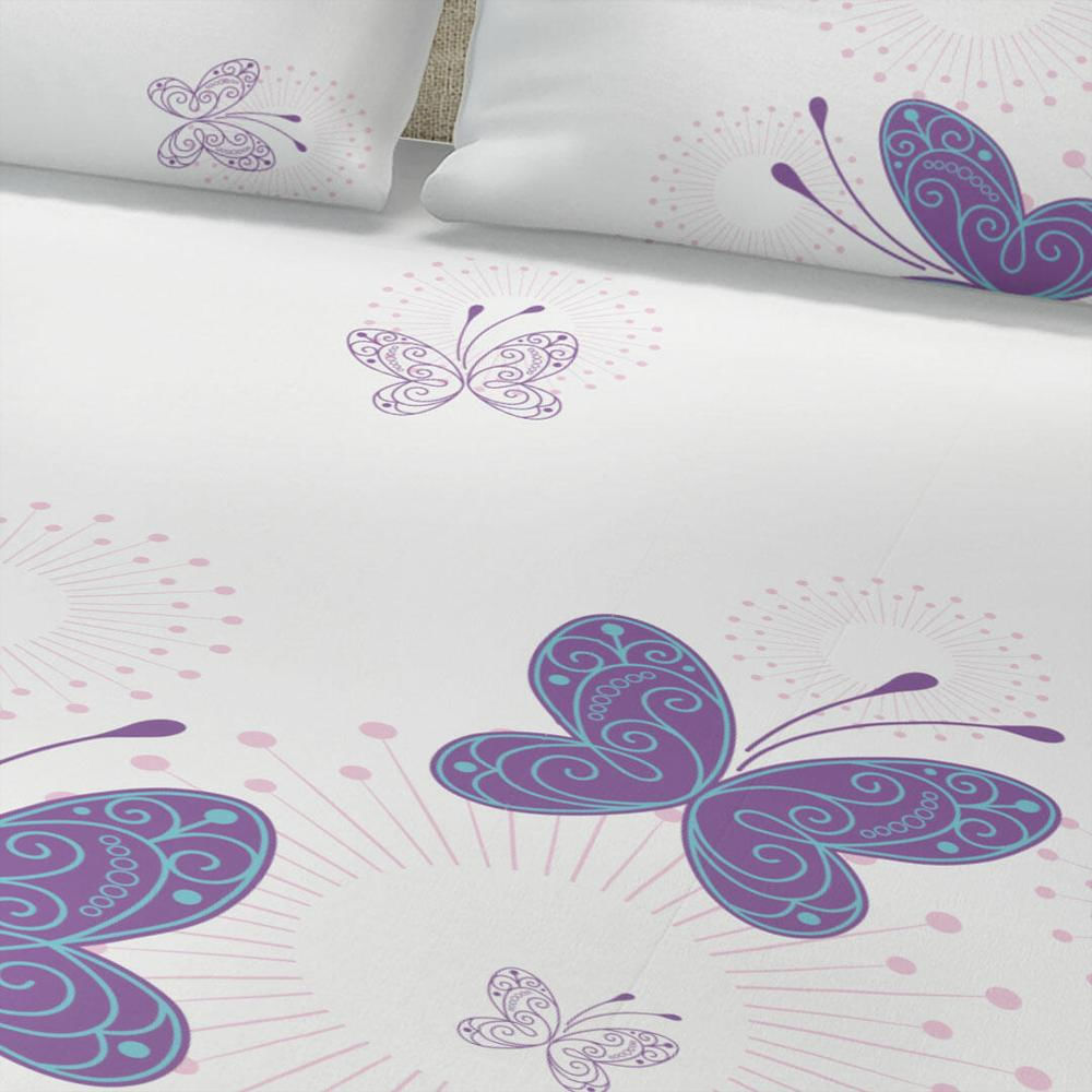 Juego De Sabanas Microfibra Doble 140 Cm Blanco Con Mariposas Moradas img #2