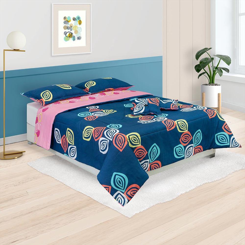 Cubrelecho Super Acolchado Cama Doble Doble Faz Figuras De Colores Fondo Azul, Círculos Amarillos Y Blancos Fondo Rosado img #1