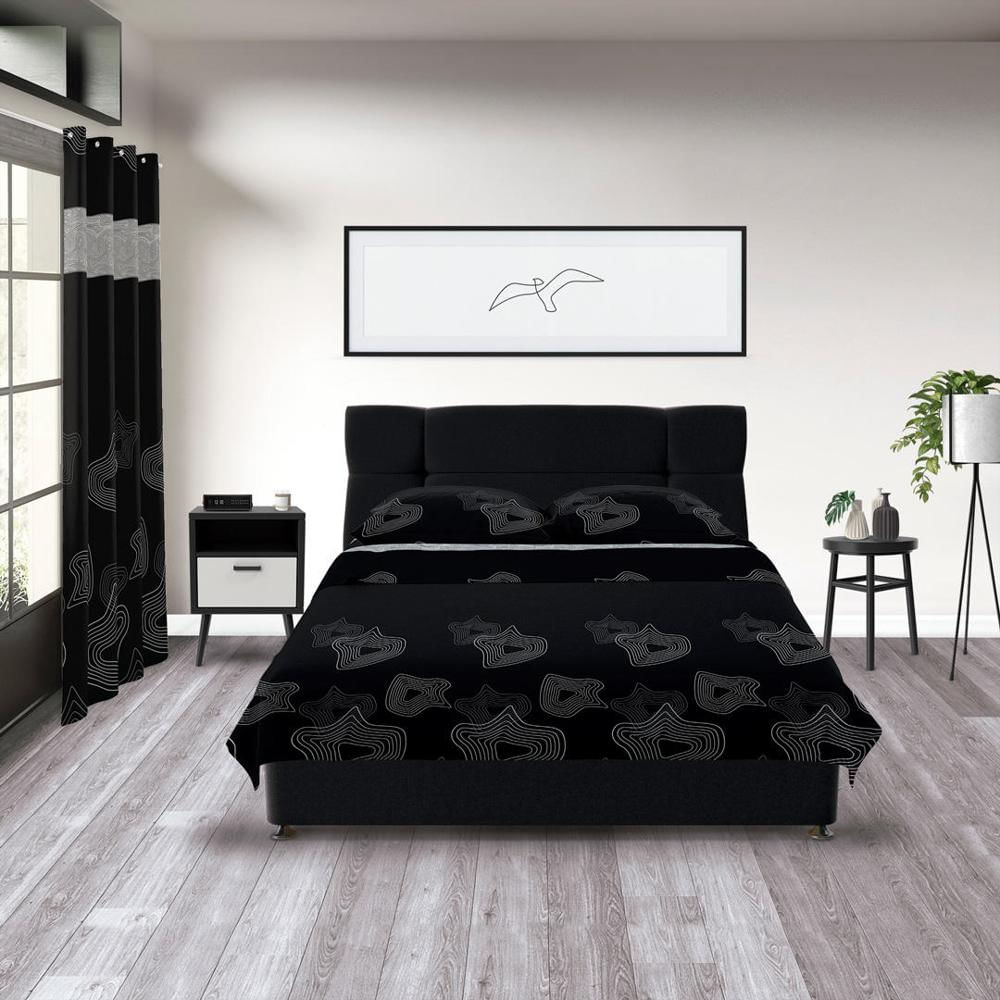 Combo Juego De Sabanas Y Cortina Microfibra Doble 140 Cm Negro Con Ondas Blancas img #2