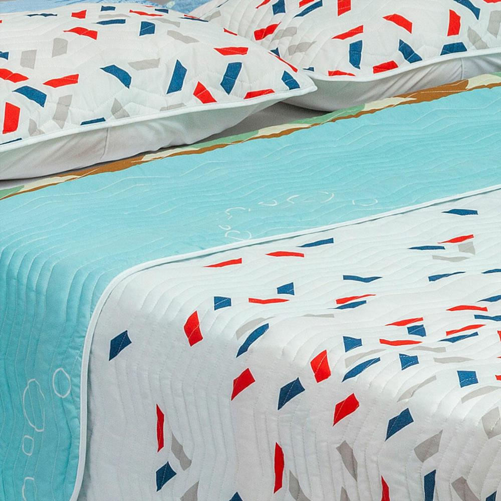 Cubrelecho Español Microfibra Doble 140 Cm Blanco Y Azul Con Semicirculos Y Serpentina De Colores img #1
