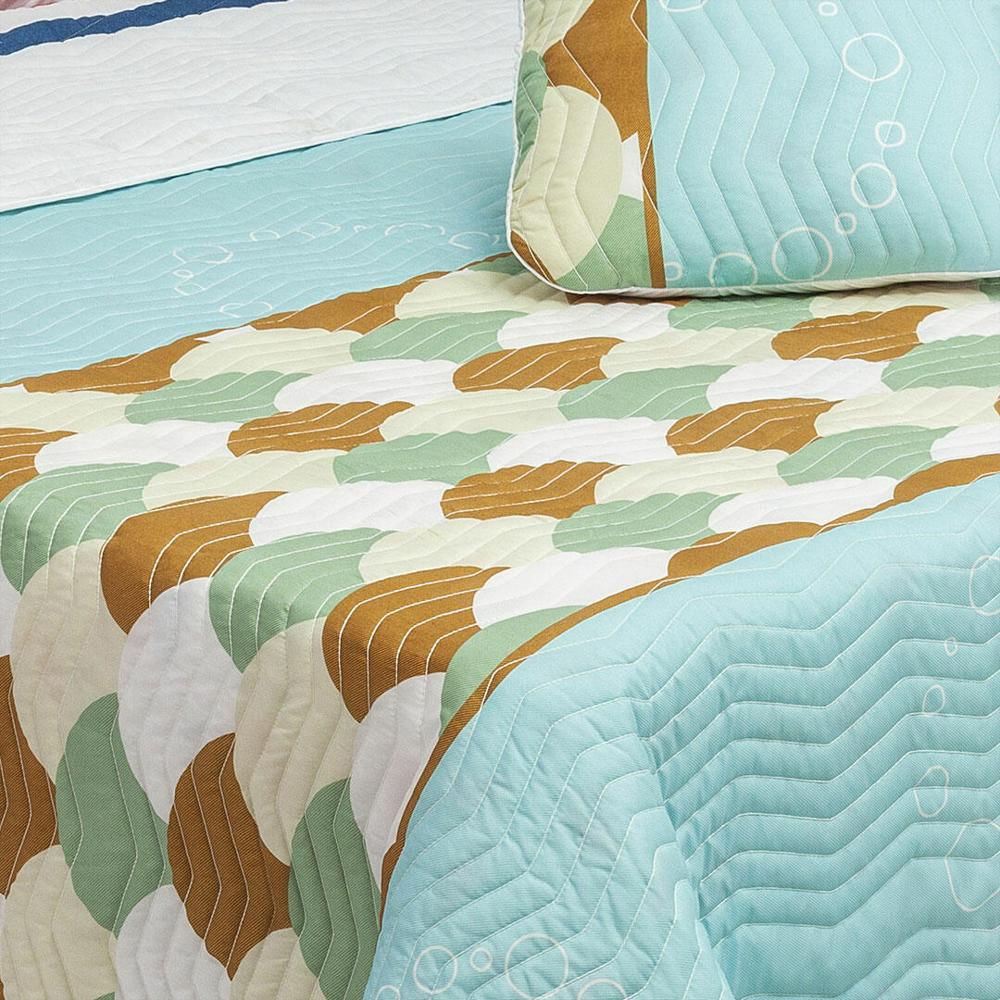 Cubrelecho Español Microfibra Doble 140 Cm Blanco Y Azul Con Semicirculos Y Serpentina De Colores img #2