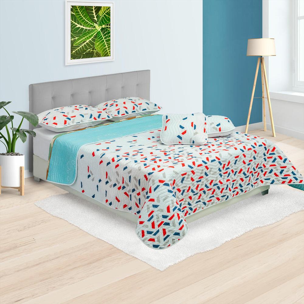 Cubrelecho Español Microfibra Doble 140 Cm Blanco Y Azul Con Semicirculos Y Serpentina De Colores img #3