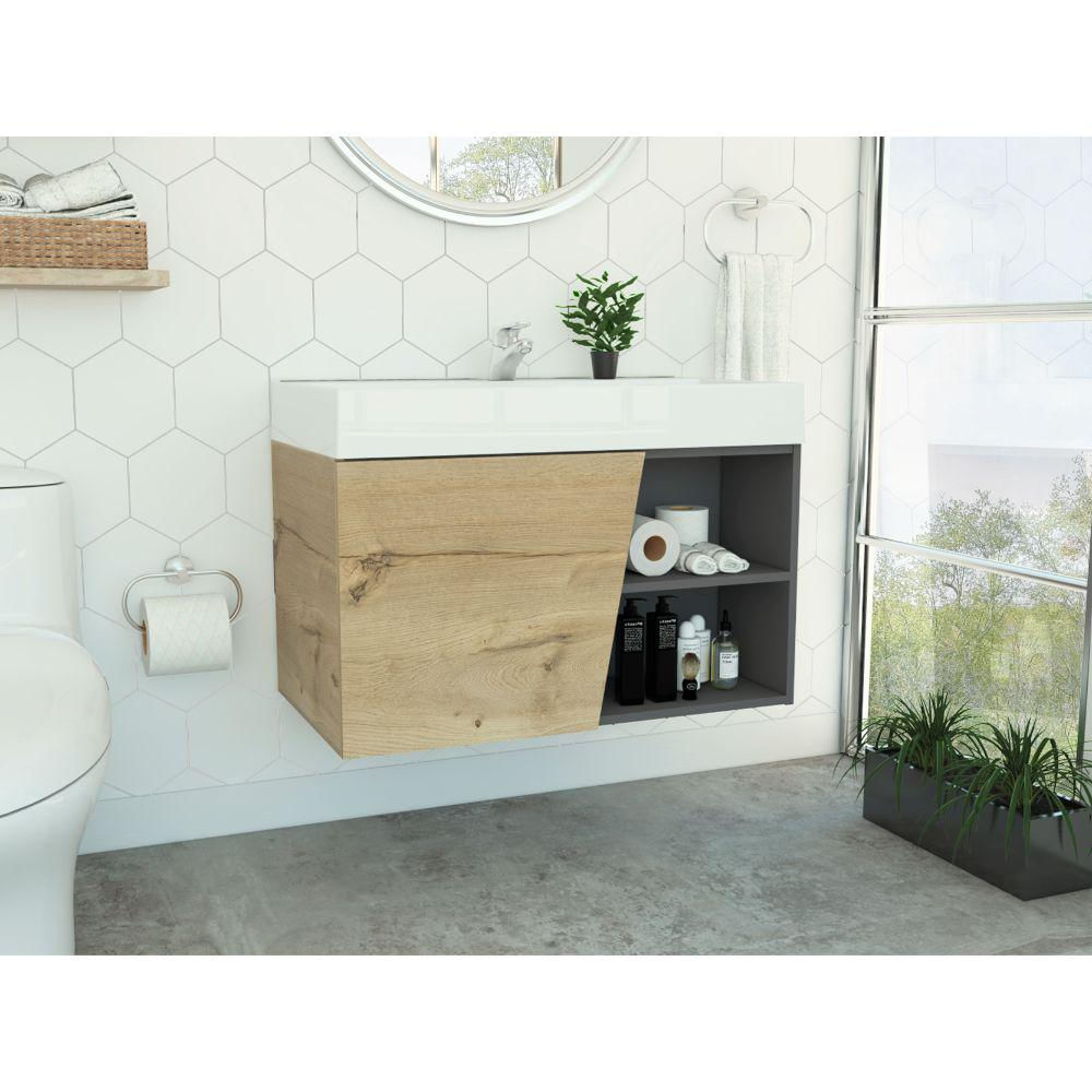 Mueble Lavamanos Elipse, Café Claro Y Plata Oscuro, Con Amplio Espacio Para Guardar Productos De Aseo img #1