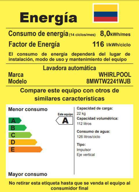 Lavadora WHIRLPOOL Carga Superior 22 kg (48lb) 8MWTW2241WJB img #6
