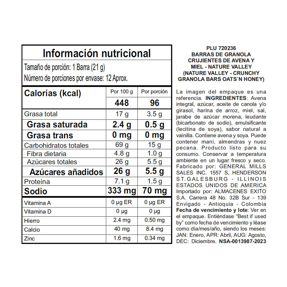 Granola NATURE VALLEY MARCA EXCLUSIVA barra avena y miel (253  gr) img #2