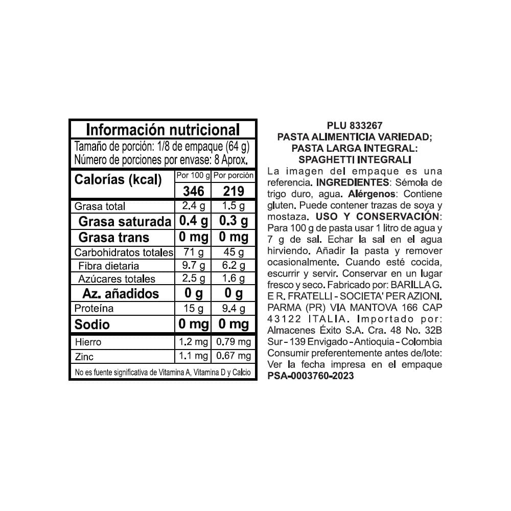 Pastas BARILLA MARCA EXCLUSIVA spaghetti integral (500  gr) img #3