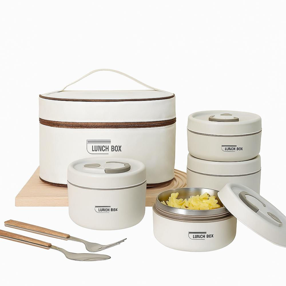 Lonchera Porta Comida Térmica 4 Recipientes Acero Inoxidable Apilables Con Estuche img #1