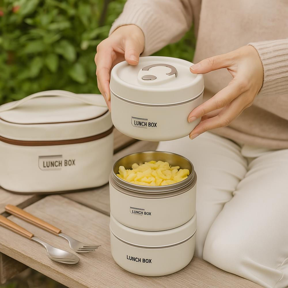 Lonchera Porta Comida Térmica 4 Recipientes Acero Inoxidable Apilables Con Estuche img #4