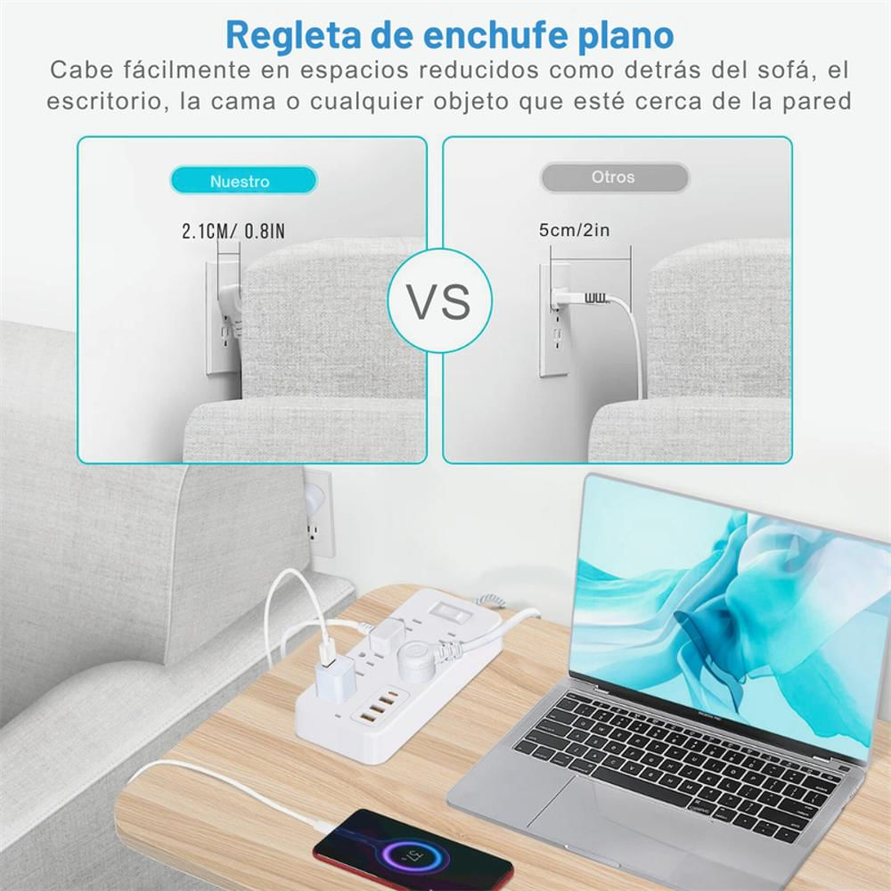 Regleta Extensión Multitoma De 12 En 1 Con Puertos Usb C Y Usb A Enchufe Plano Color Blanco img #2