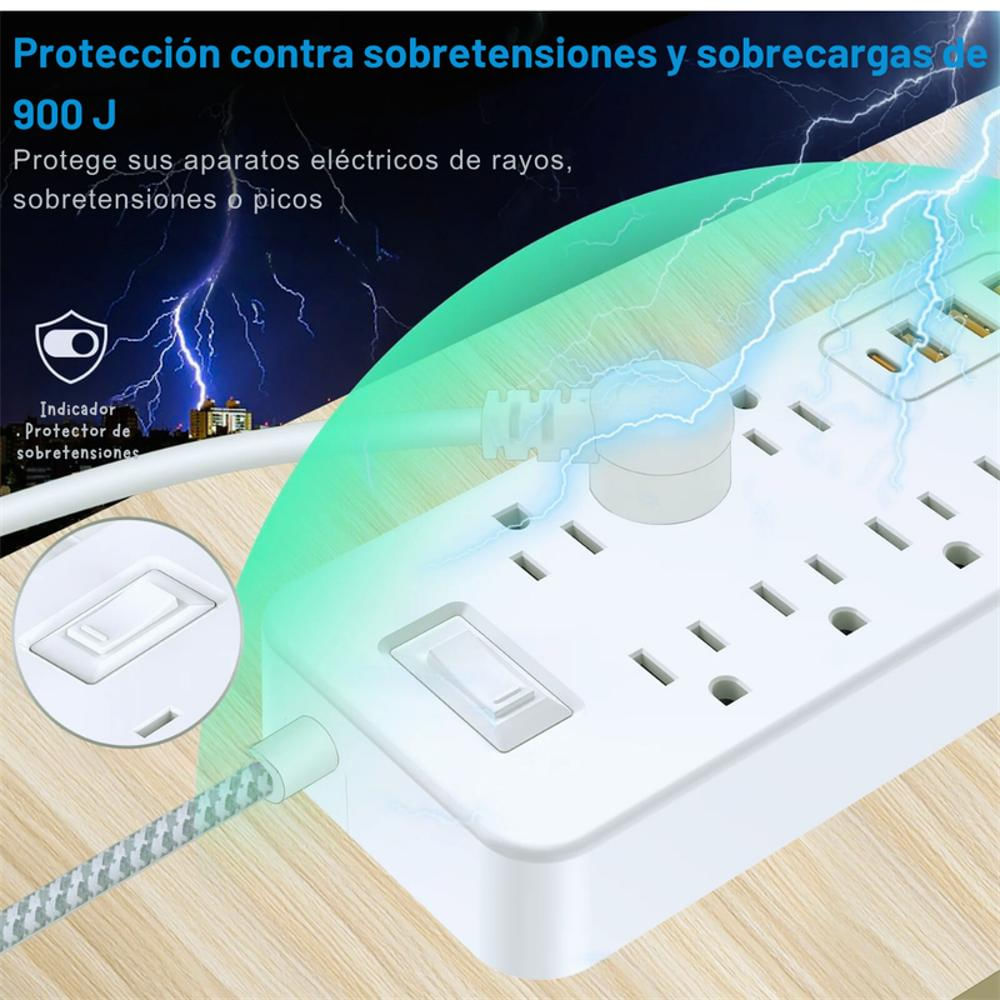 Regleta Extensión Multitoma De 12 En 1 Con Puertos Usb C Y Usb A Enchufe Plano Color Blanco img #3