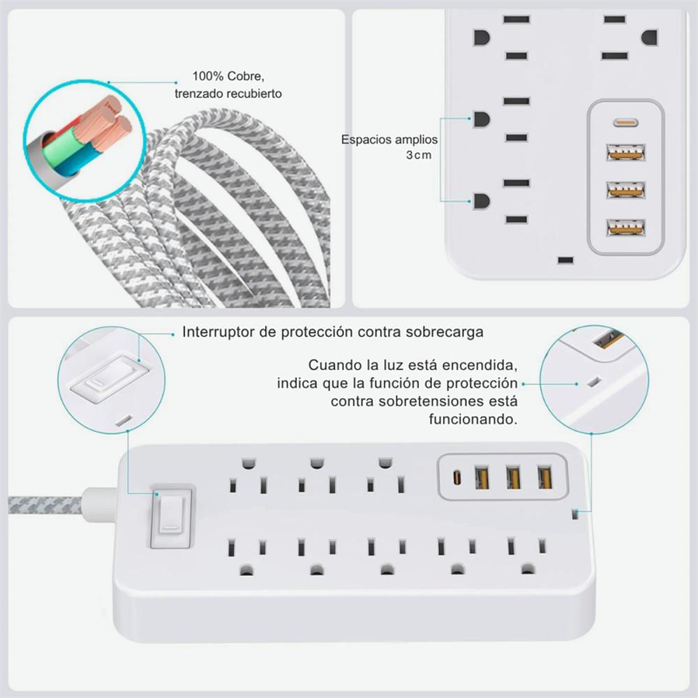 Regleta Extensión Multitoma De 12 En 1 Con Puertos Usb C Y Usb A Enchufe Plano Color Blanco img #4