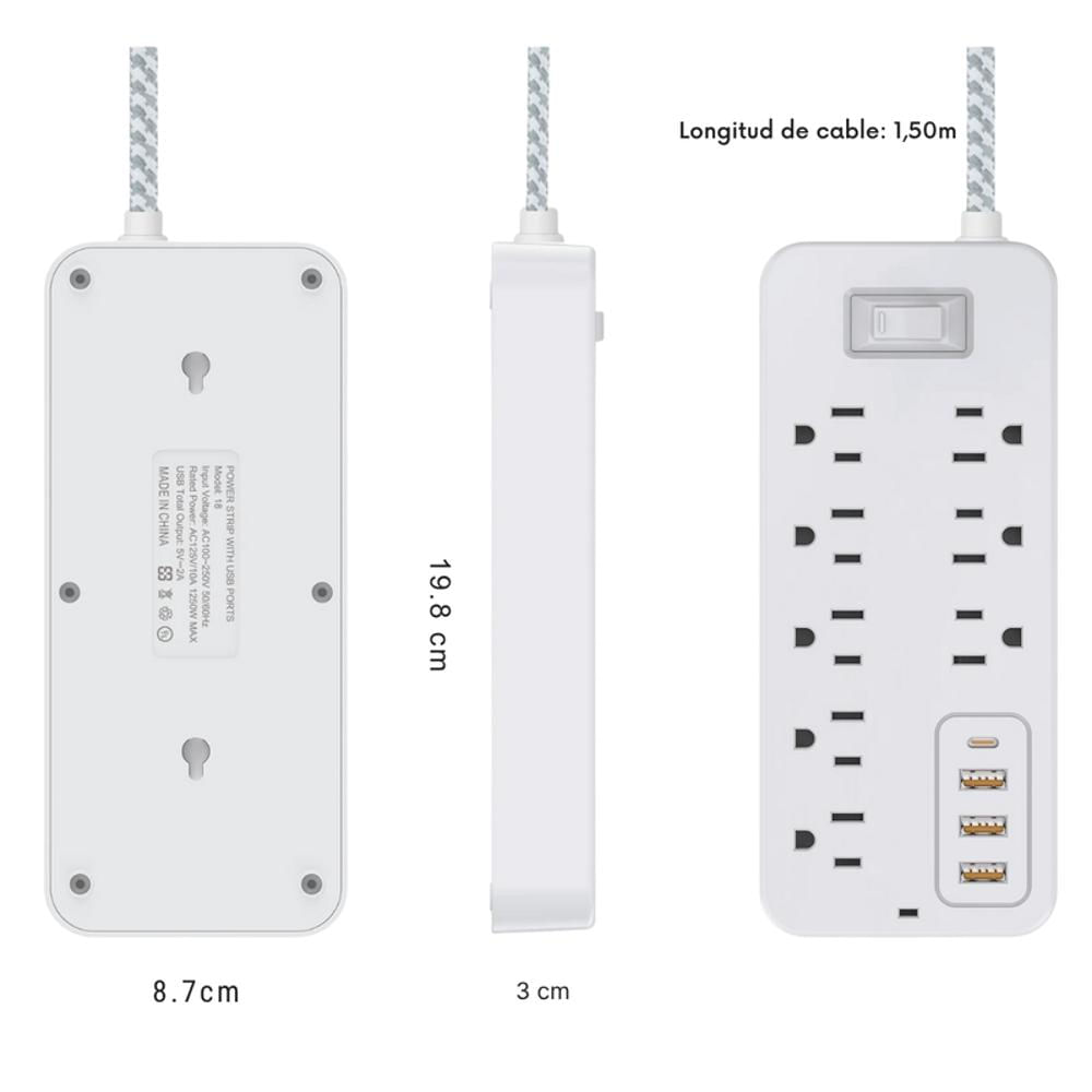 Regleta Extensión Multitoma De 12 En 1 Con Puertos Usb C Y Usb A Enchufe Plano Color Blanco img #5