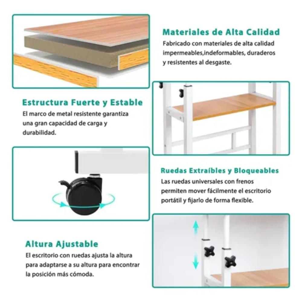 Mesa Plegable 3 Niveles Móvil Multiusos Con Ruedas Color Blanca img #4