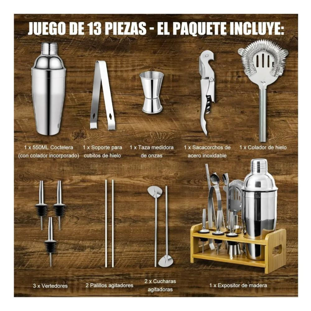 Set Bartender Kit Coctelera Vaso Preparar Bebibas Bar 13 Pza img #2