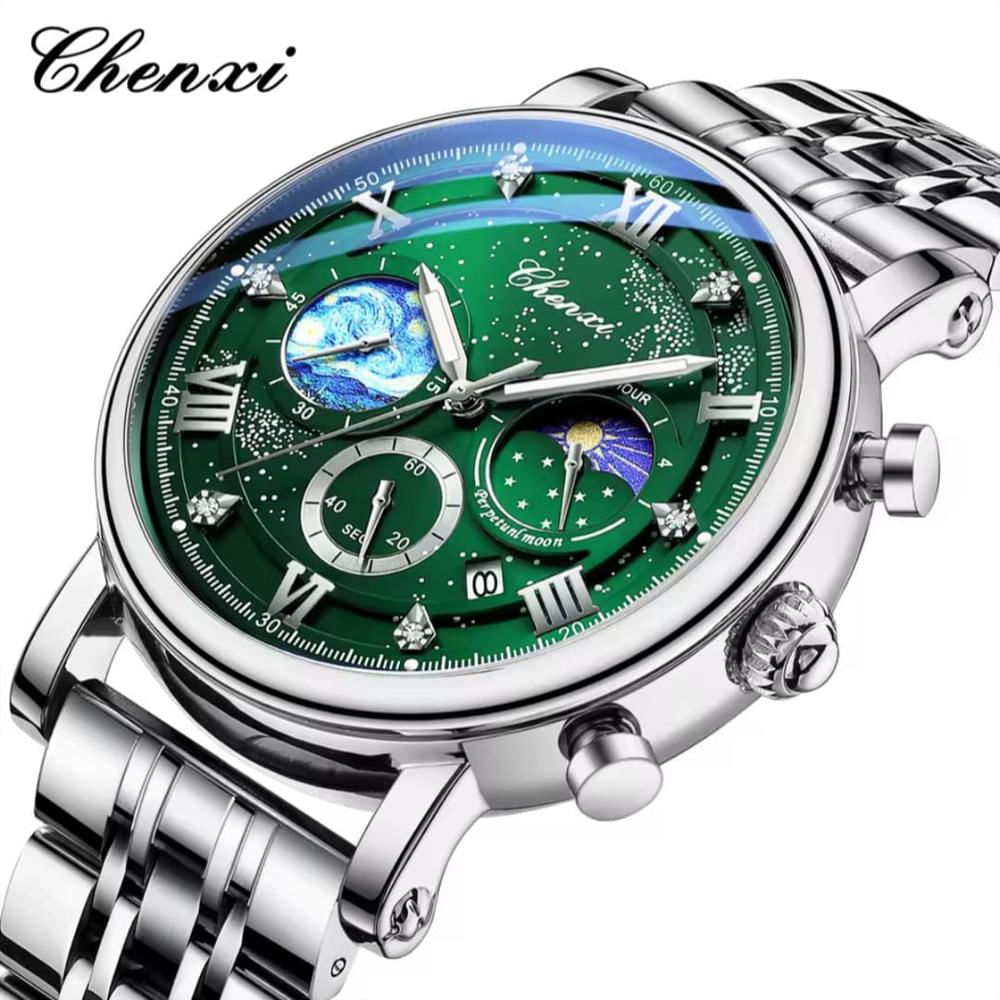 Reloj Chenxi Original Acero Cronografo 972 Plateado Verde img #2