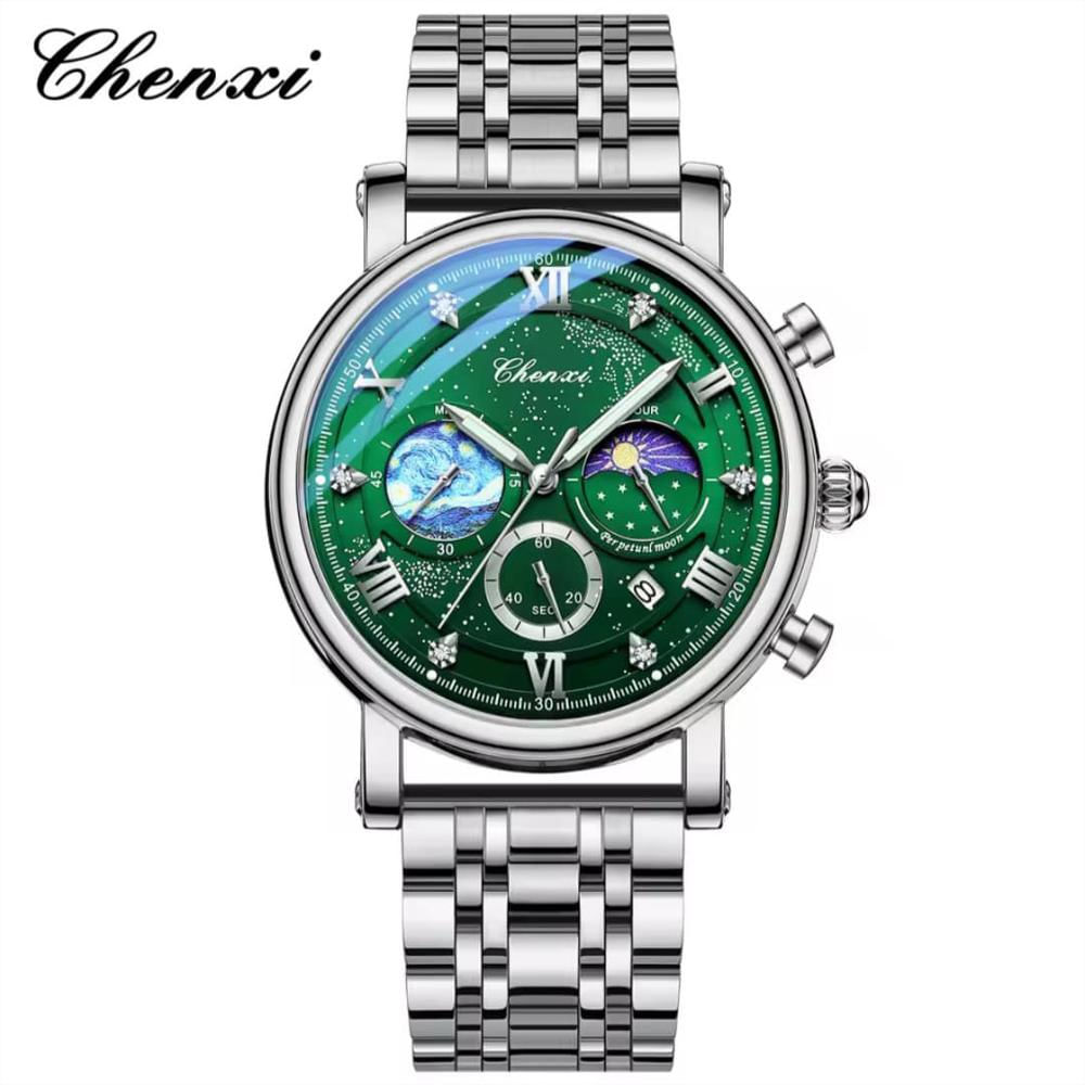 Reloj Chenxi Original Acero Cronografo 972 Plateado Verde img #3