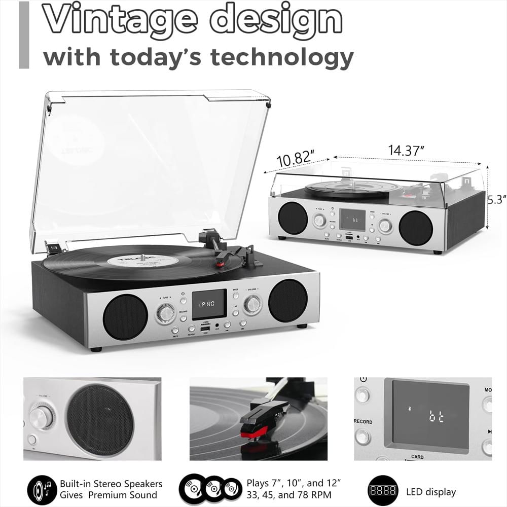 Tocadiscos Con Altavoces Integrados, 3 Velocidades, Radio Fm Bluetooth img #3