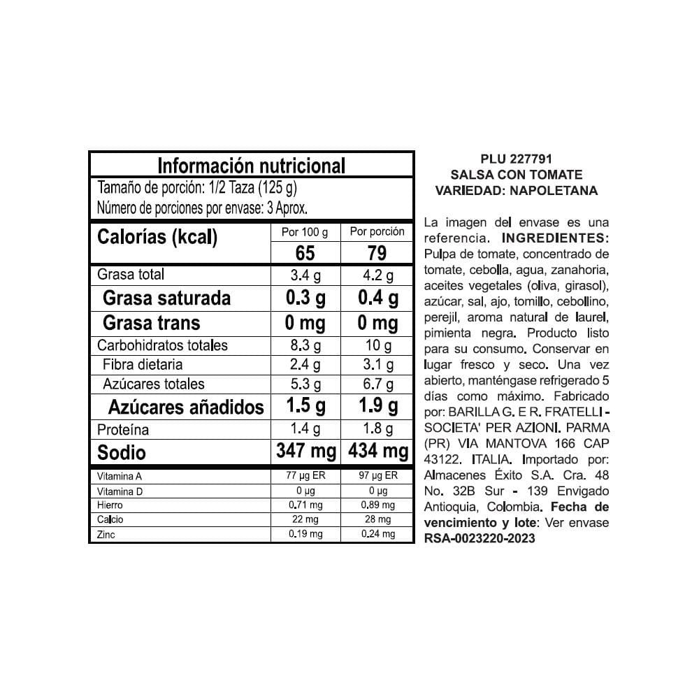 Salsa napolitana BARILLA MARCA EXCLUSIVA para pastas (400  gr) img #3