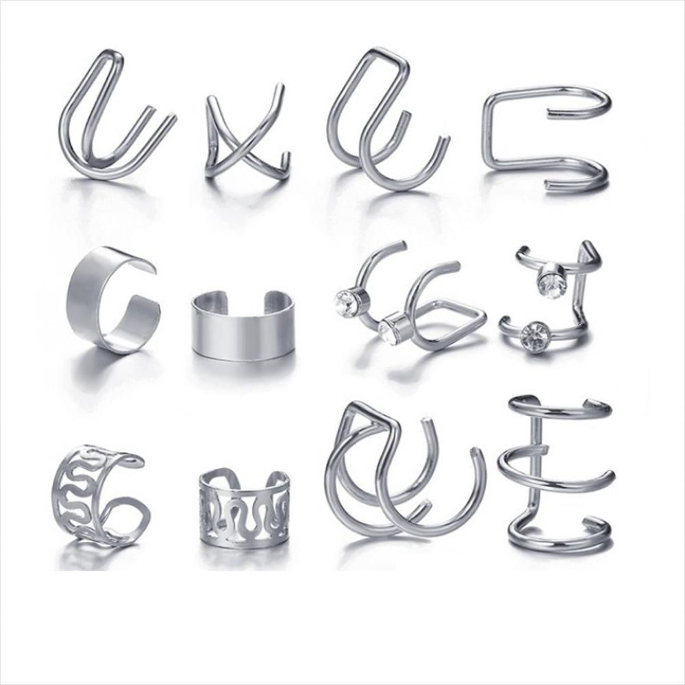 Aretes Ear Cuff Set 12 Piezas Ajustables Sin Perforacion Gris img #1
