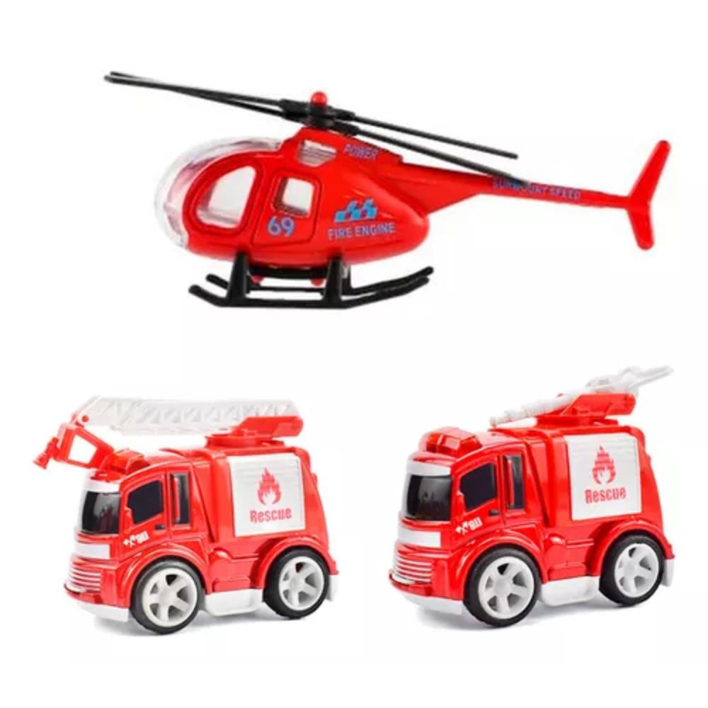 Carros De Impulso Y Helicoptero Bombero Colección Juguete X 3 Pcs img #1