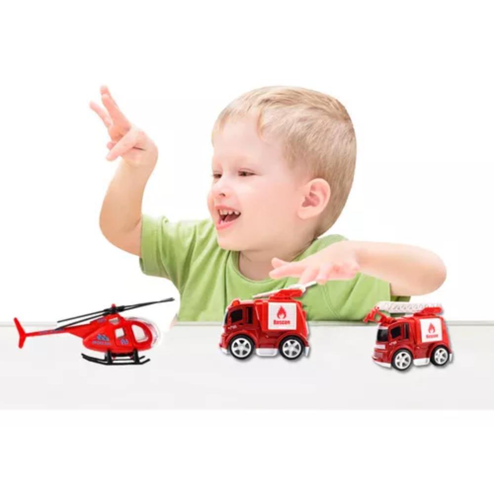 Carros De Impulso Y Helicoptero Bombero Colección Juguete X 3 Pcs img #2