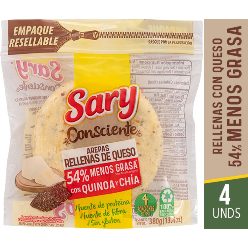 Arepas integrales SARY CONSCIENTE de queso con quinoa y chía x4und (380  gr) img #1