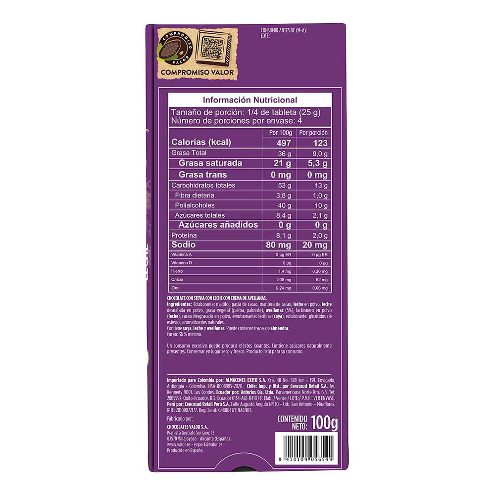 Barra de chocolate VALOR MARCA EXCLUSIVA con crema de avellana (100  gr) img #2