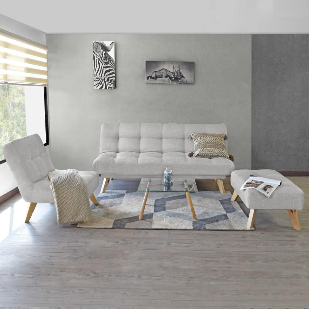 Sala Porto Tela Poliéster Plata + Mesa Centro En Vidrio Nova img #5