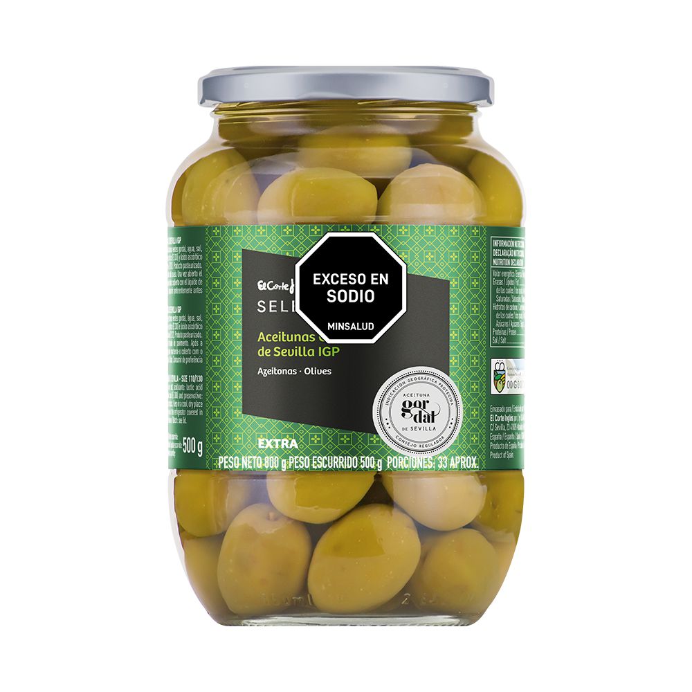 Aceitunas EL CORTE INGLÉS MARCA EXCLUSIV enteras verdes gordal (500  gr) img #1