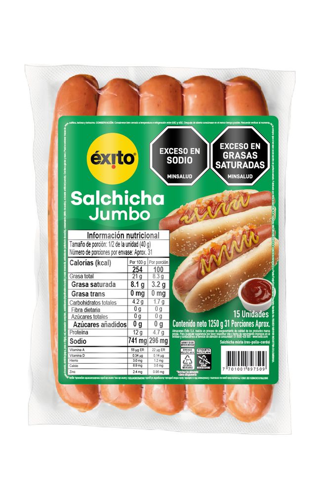 Salchicha EXITO MARCA PROPIA jumbo x15und (1250  gr) img #1