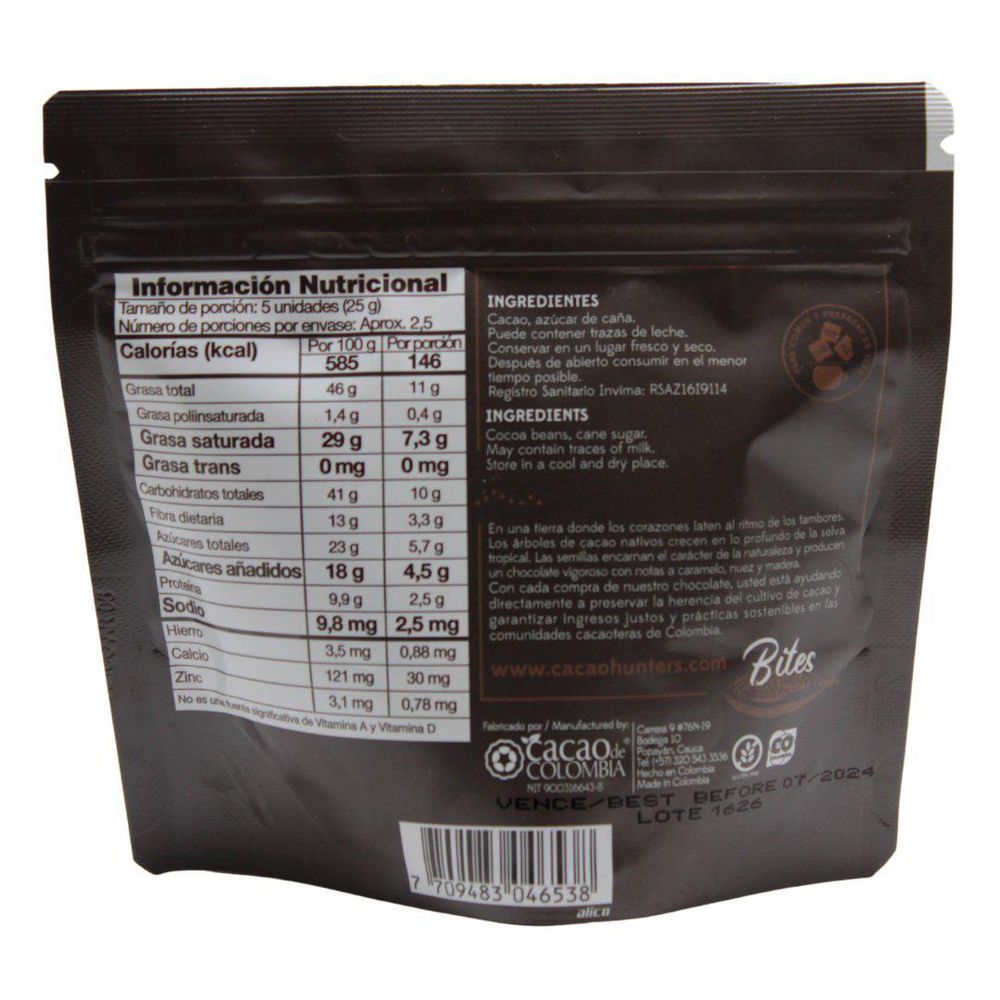 Barras CACAO HUNTERS CHOCOLATE OSCURO TUMACO 82% (60  gr) img #2