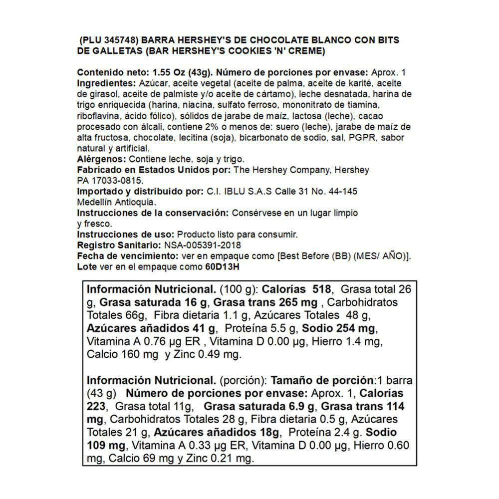 Chocolates HERSHEYS cookies n creme (43  gr) img #2