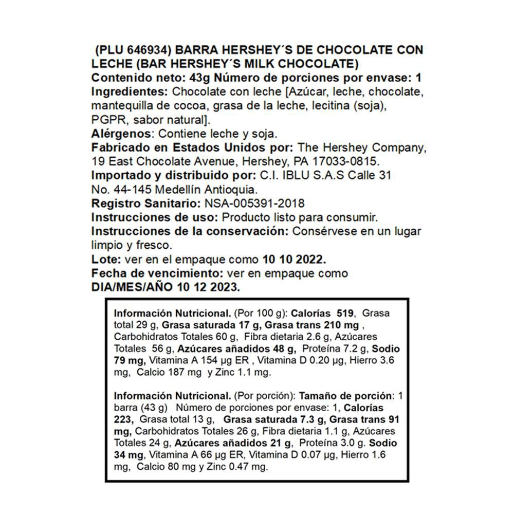 Barra de chocolate HERSHEYS chocolate con leche (43  gr) img #2